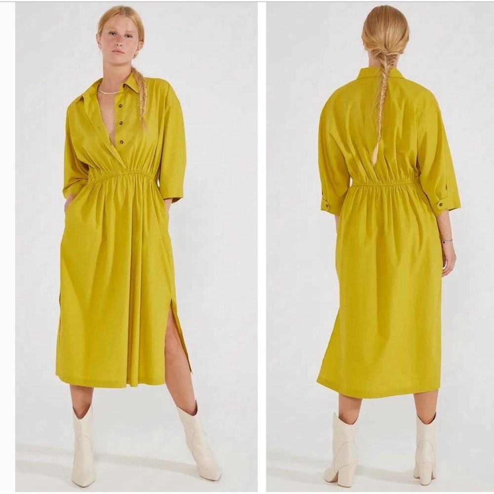 Etica Tina Shirt Dress 100% Organic Cotton Poplin Midi Natural Yellow Dress S